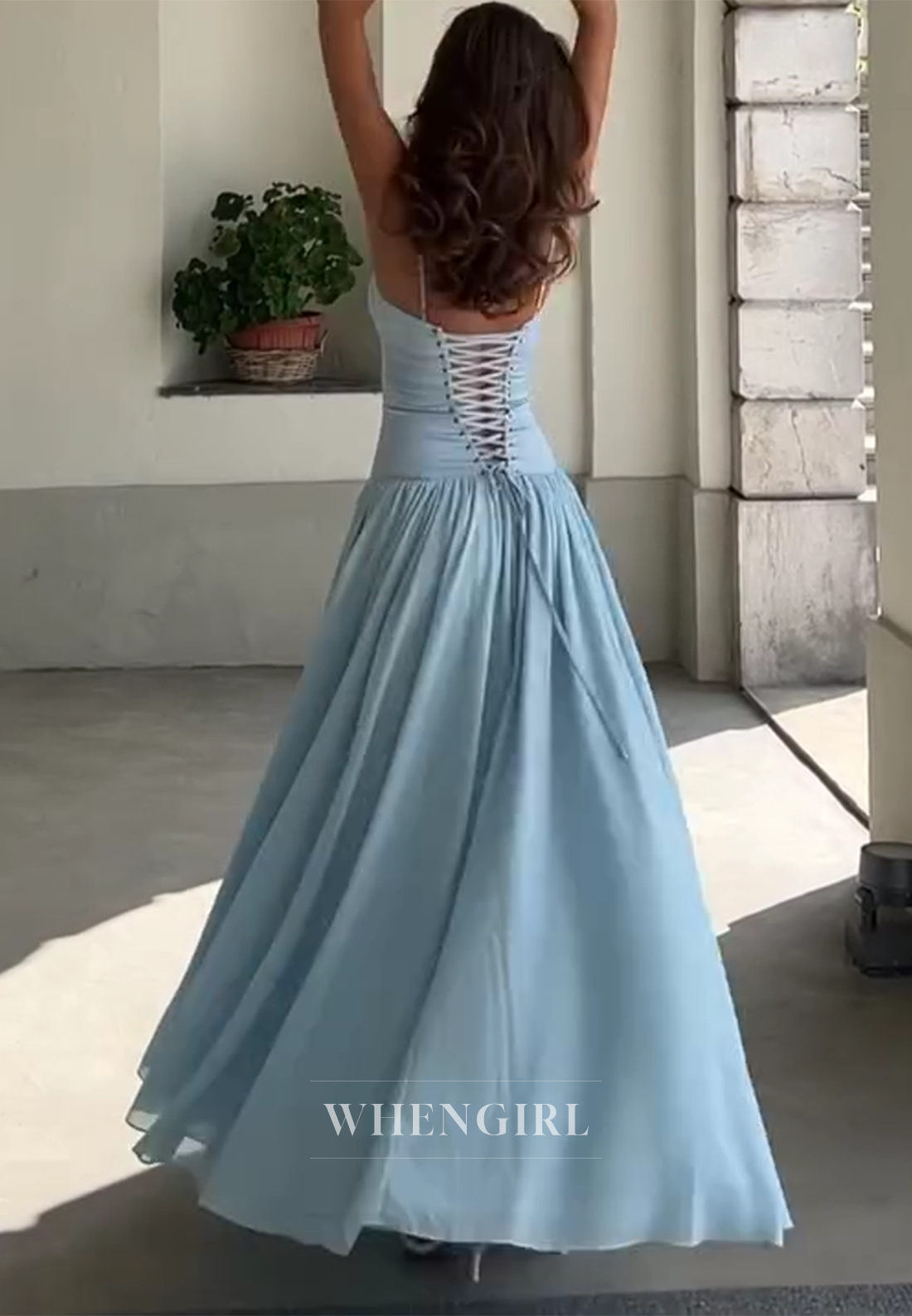 A-Line Sky Blue Sweetheart Spaghetti Straps Lace Up Formal Gown