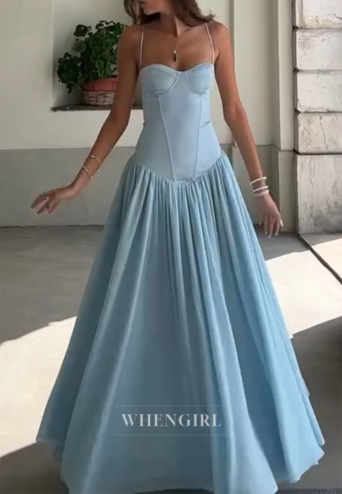 A-Line Sky Blue Sweetheart Spaghetti Straps Lace Up Formal Gown