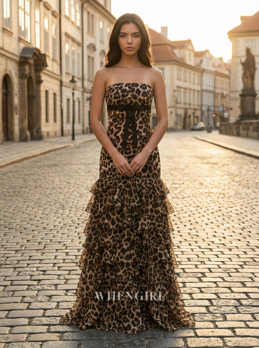 Leopard Print Tube Top Ruffles Sheath Prom Dress