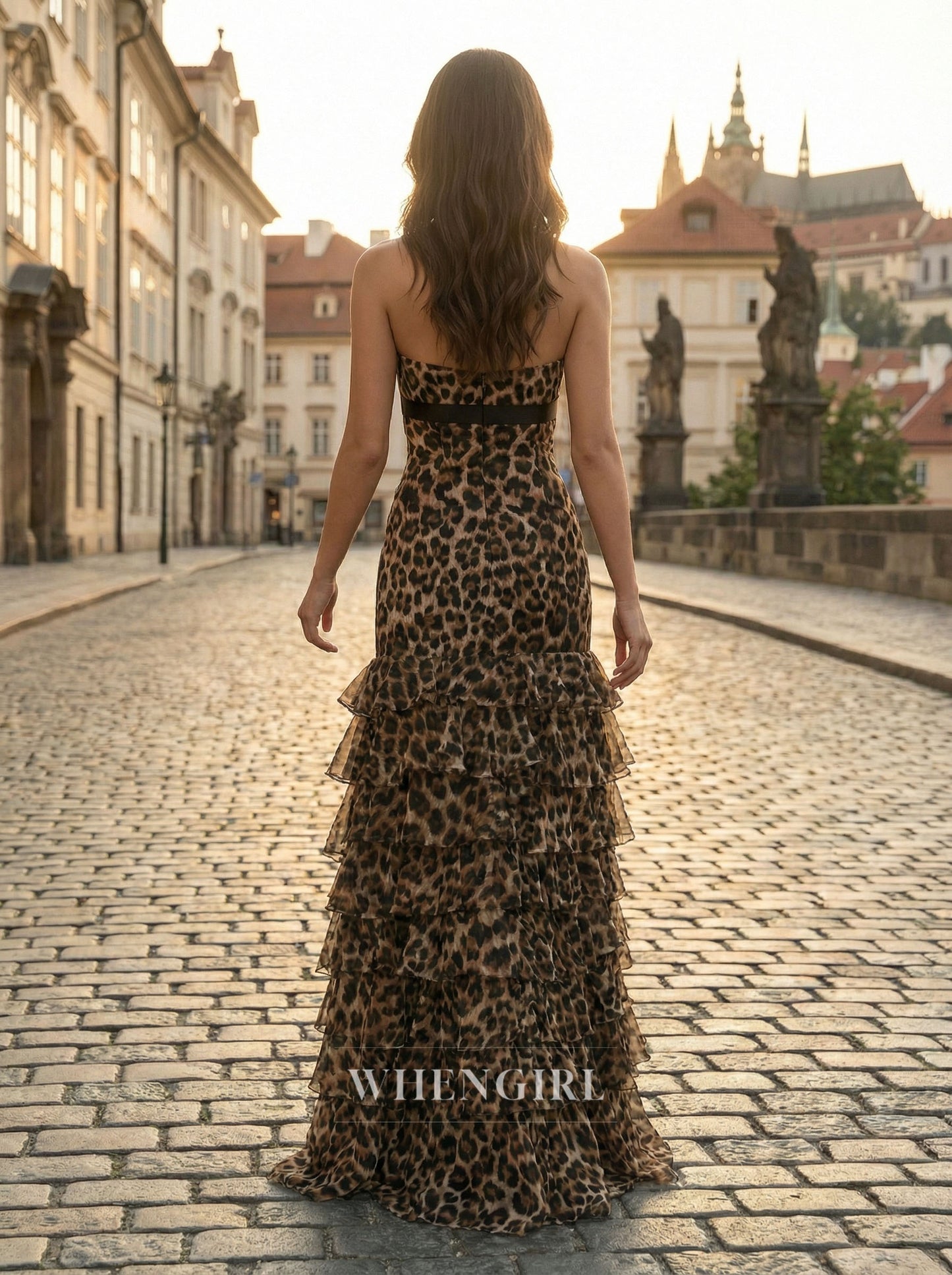 Leopard Print Tube Top Ruffles Sheath Prom Dress