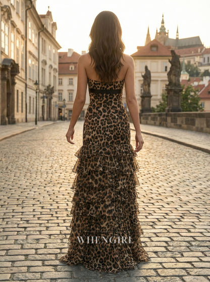 Leopard Print Tube Top Ruffles Sheath Prom Dress