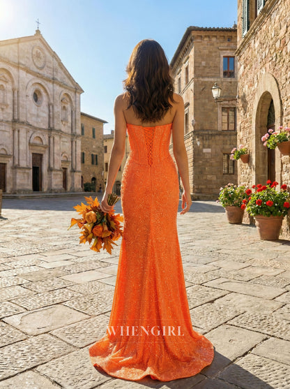 Orange Tube Top Side Slit Beaded Sheath Prom Dress