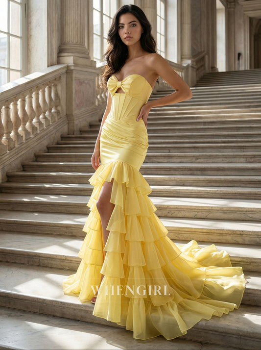 Yellow Mermaid Sweetheart Cut Out Side Slit Ruffles Prom Dress