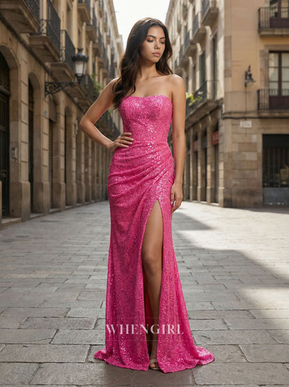 Fuchsia Strapless Back Zipper Side Slit Ruched Sequins Prom Dress