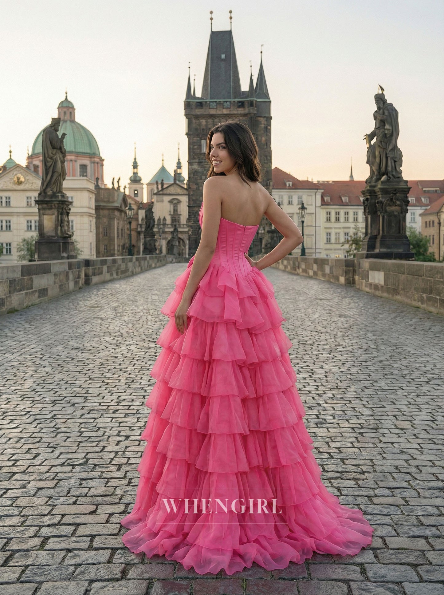 Hot Pink Strapless Ruffles Bowknot A-Line Prom Dress