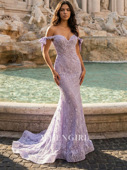 Lilac Off Shoulder Mermaid Sweep Train Prom Dress