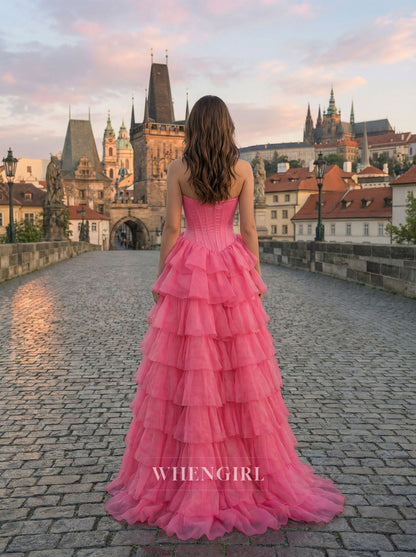 Hot Pink Strapless Ruffles Bowknot A-Line Prom Dress