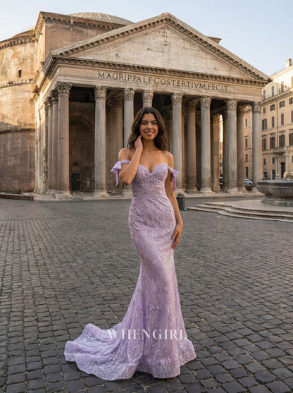 Lilac Off Shoulder Mermaid Sweep Train Prom Dress