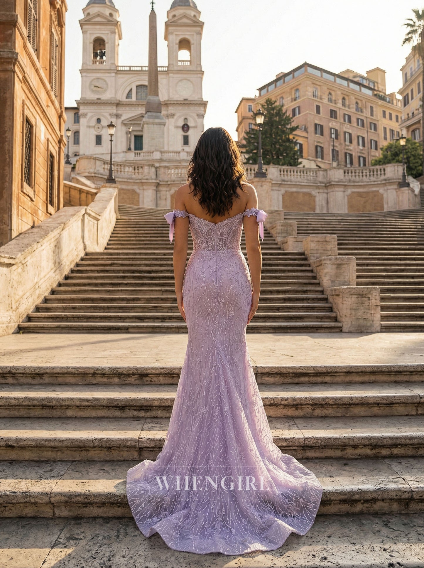 Lilac Off Shoulder Mermaid Sweep Train Prom Dress