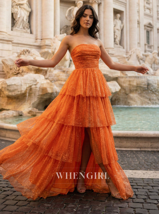 Orange Tube Top Sleeveless A-Line Side Slit Prom Dress