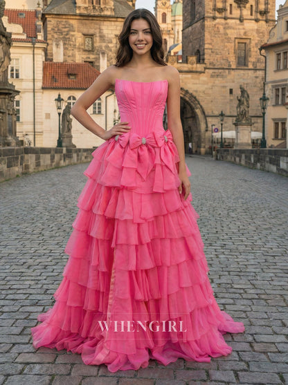 Hot Pink Strapless Ruffles Bowknot A-Line Prom Dress