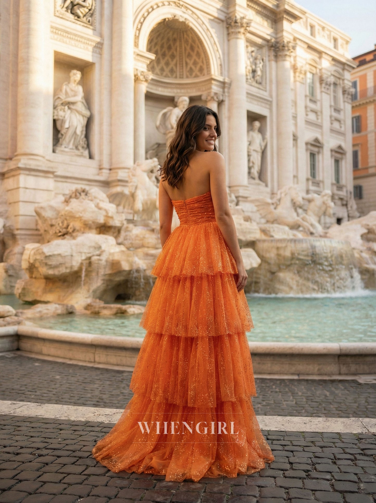 Orange Tube Top Sleeveless A-Line Side Slit Prom Dress