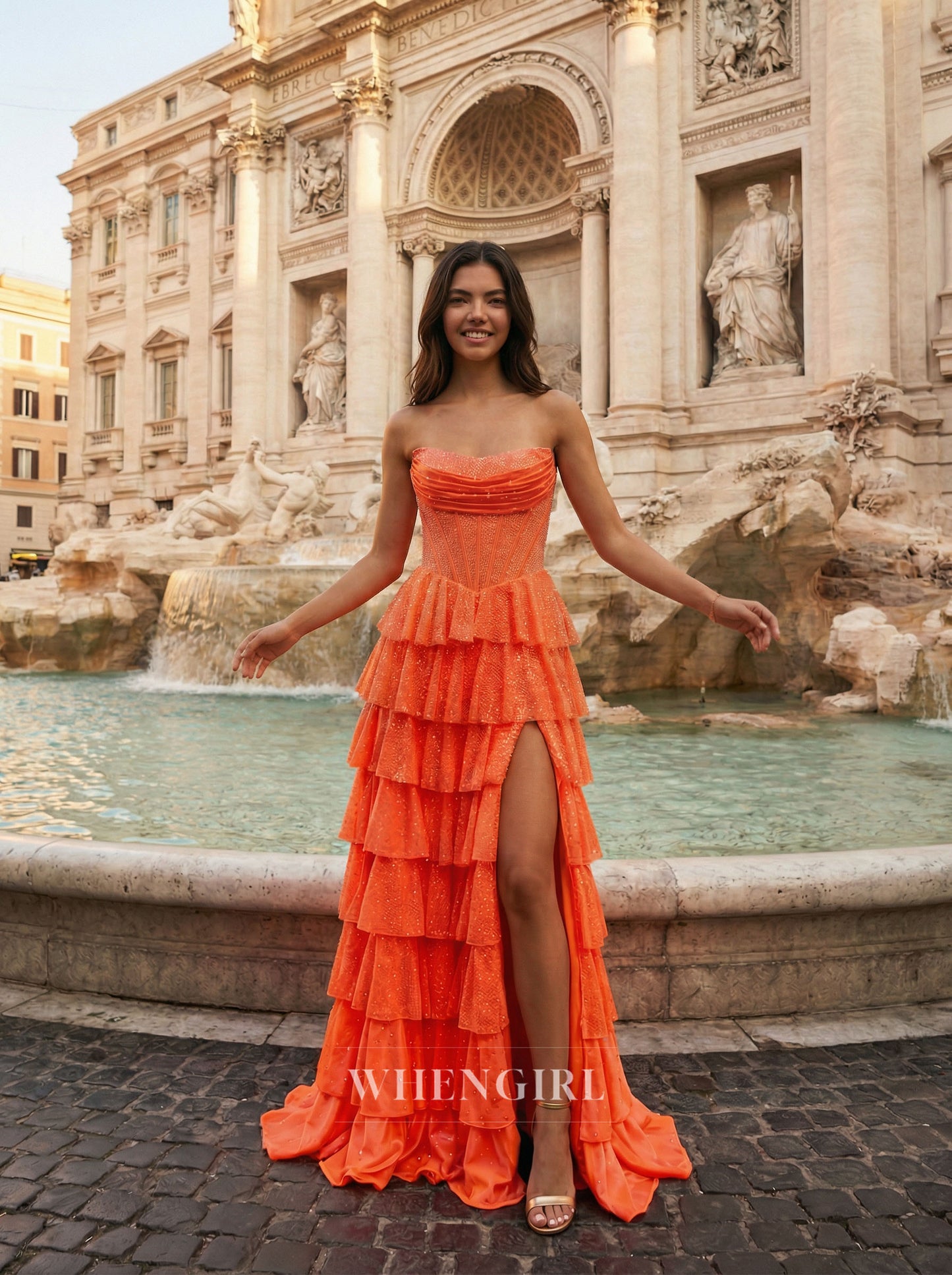 Orange Multi Tiered Ruffles Side Slit A-Line Prom Dress