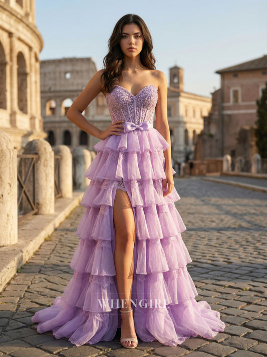 Lilac A-Line Boknot Multi Tiered Ruffles Beaded A-Line Prom Dress