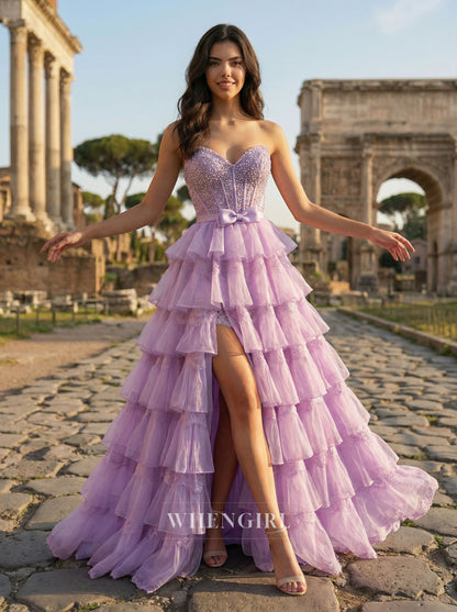 Lilac A-Line Boknot Multi Tiered Ruffles Beaded A-Line Prom Dress