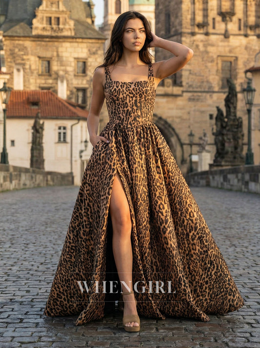 Leopard Print Square Neck Sleeveless Side Slit A-Line Prom Dress