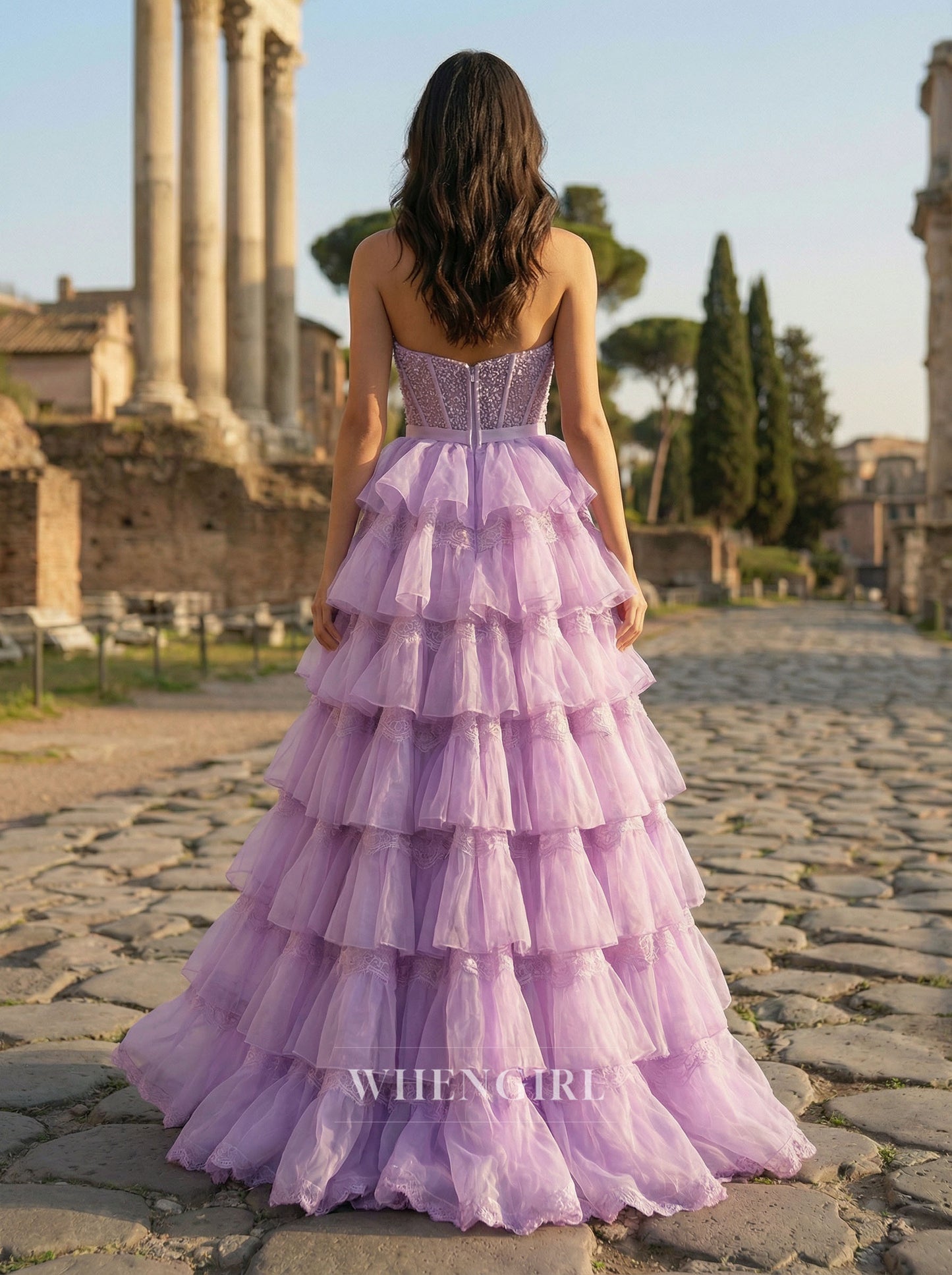 Lilac A-Line Boknot Multi Tiered Ruffles Beaded A-Line Prom Dress