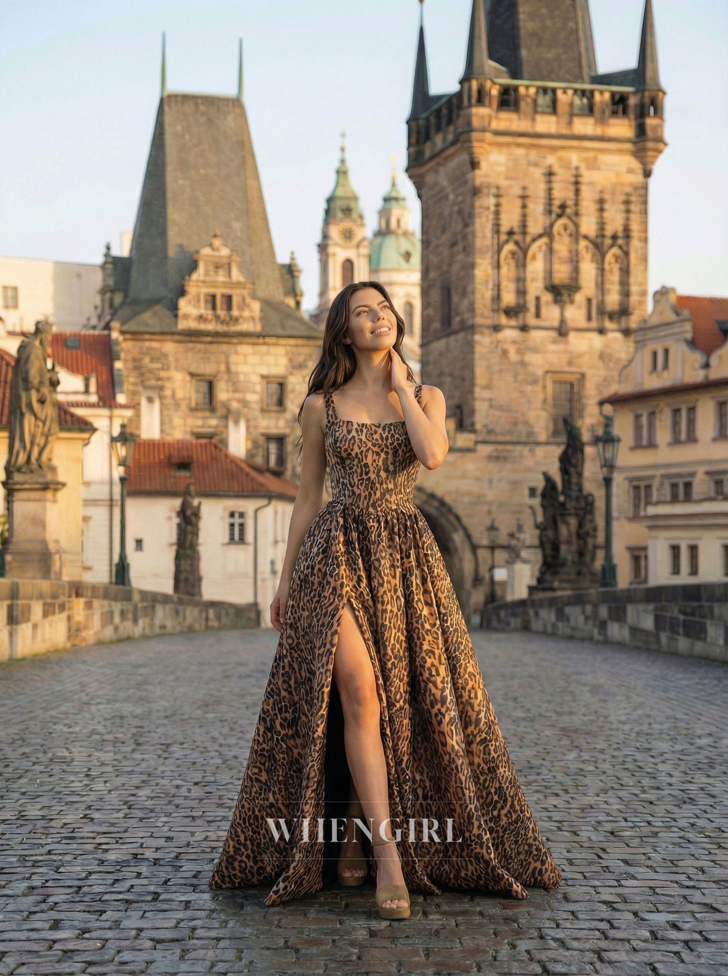 Leopard Print Square Neck Sleeveless Side Slit A-Line Prom Dress