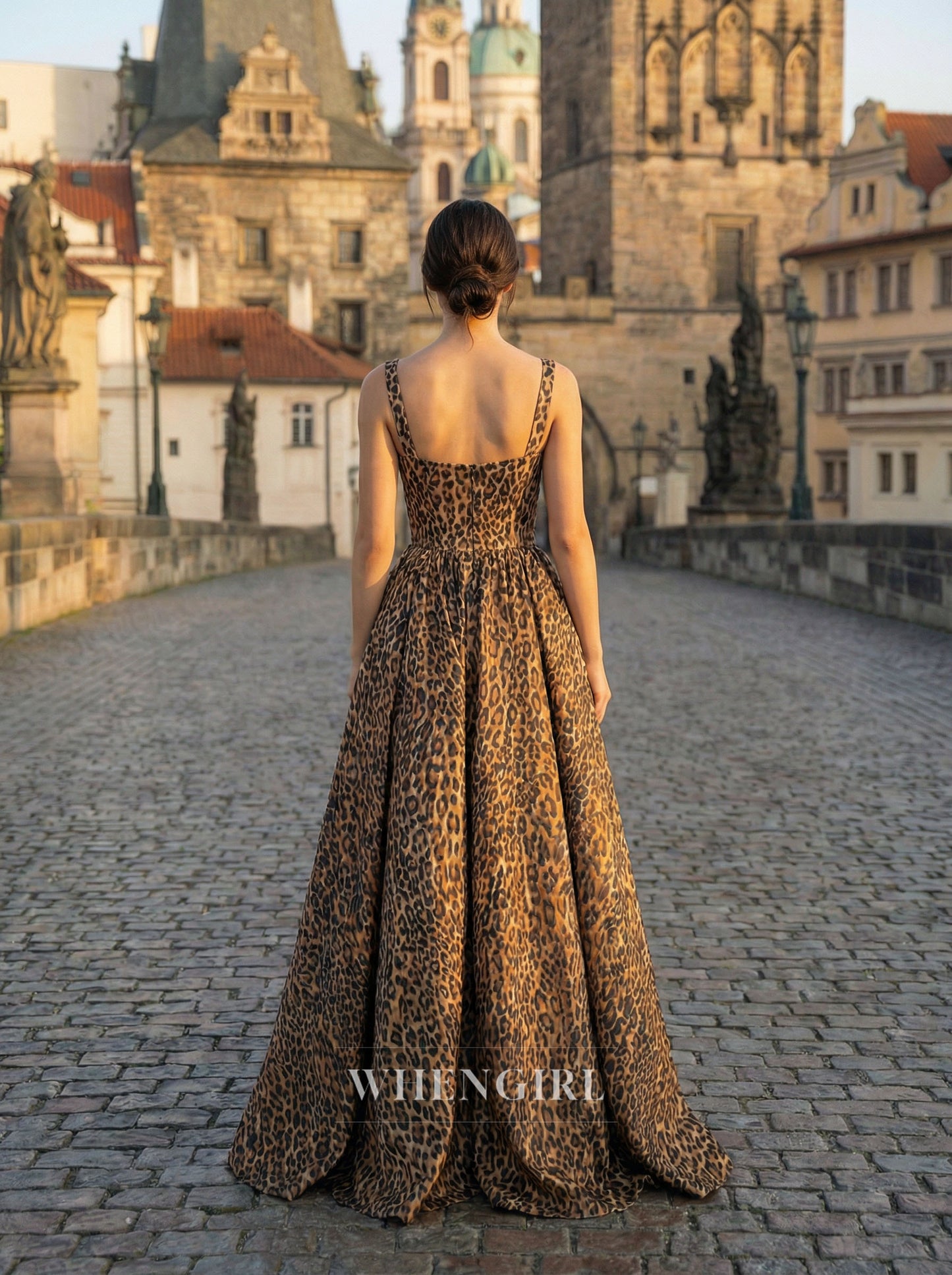 Leopard Print Square Neck Sleeveless Side Slit A-Line Prom Dress
