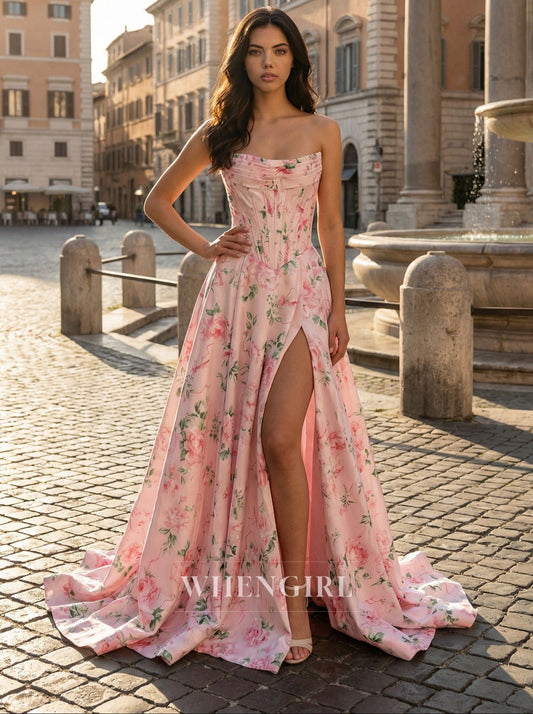 Pink A-Line Printed Floral Sleeveless Side Slit Prom Dress