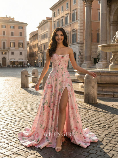 Pink A-Line Printed Floral Sleeveless Side Slit Prom Dress