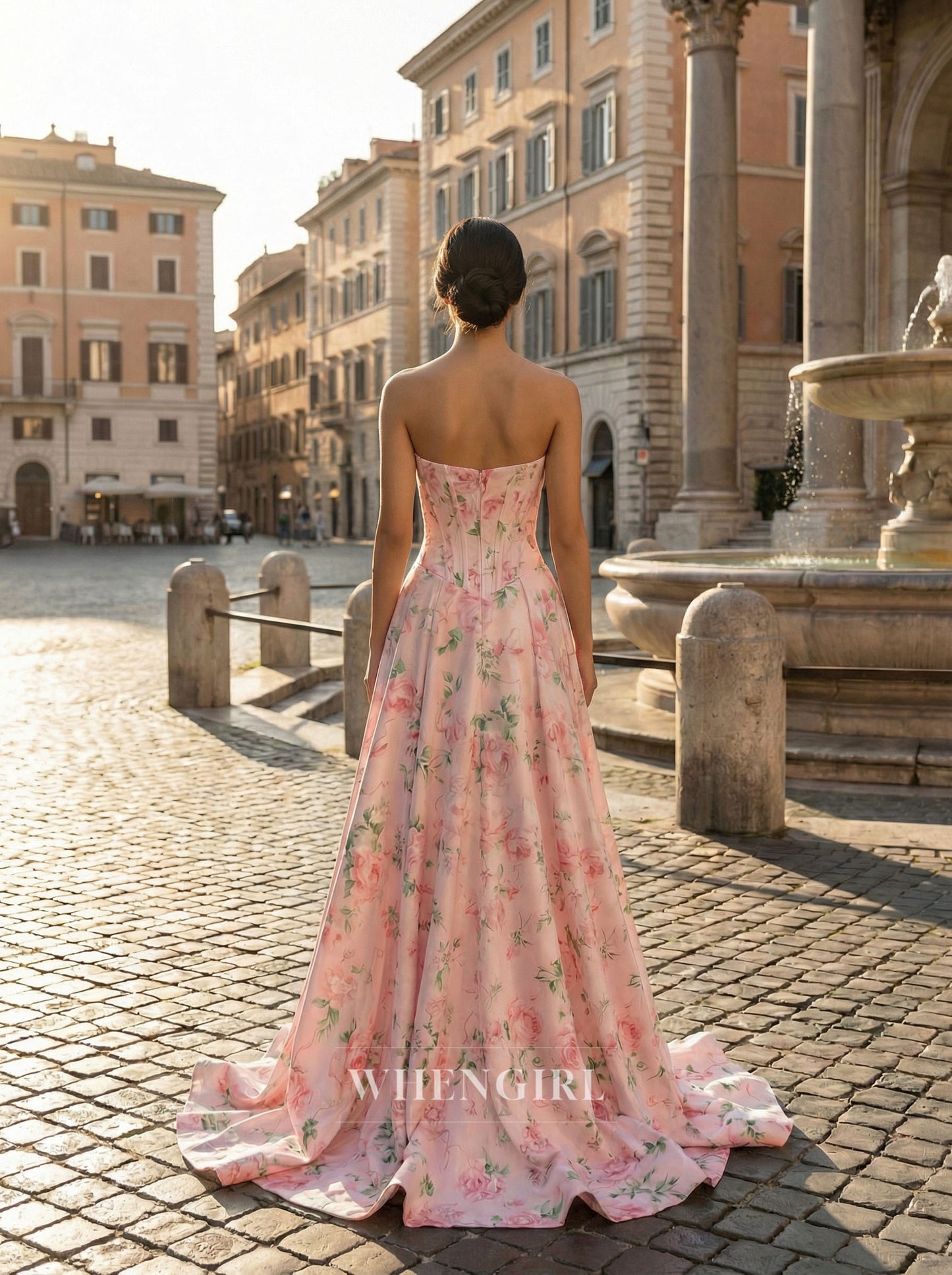 Pink A-Line Printed Floral Sleeveless Side Slit Prom Dress