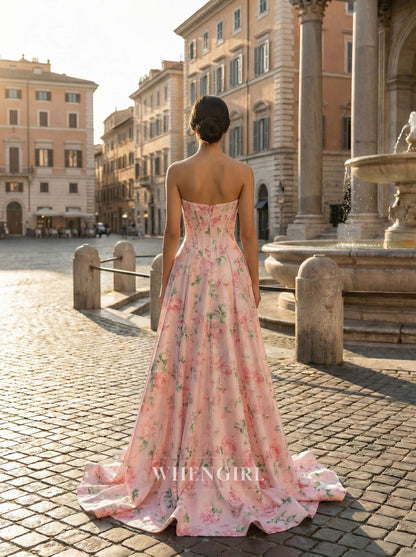 Pink A-Line Printed Floral Sleeveless Side Slit Prom Dress
