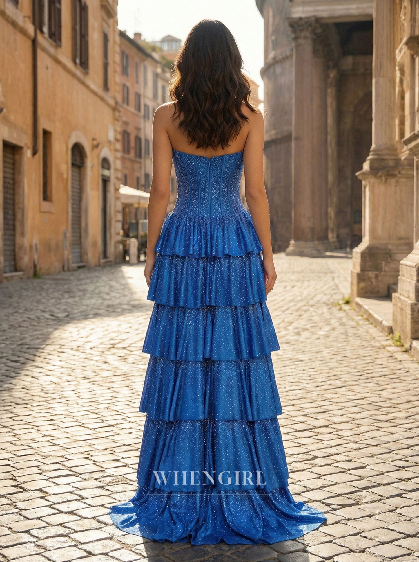 Royal Blue Tube Top Strapless Side Slit Beaded A-Line Prom Dress