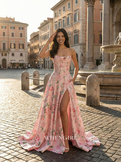 Pink A-Line Printed Floral Sleeveless Side Slit Prom Dress