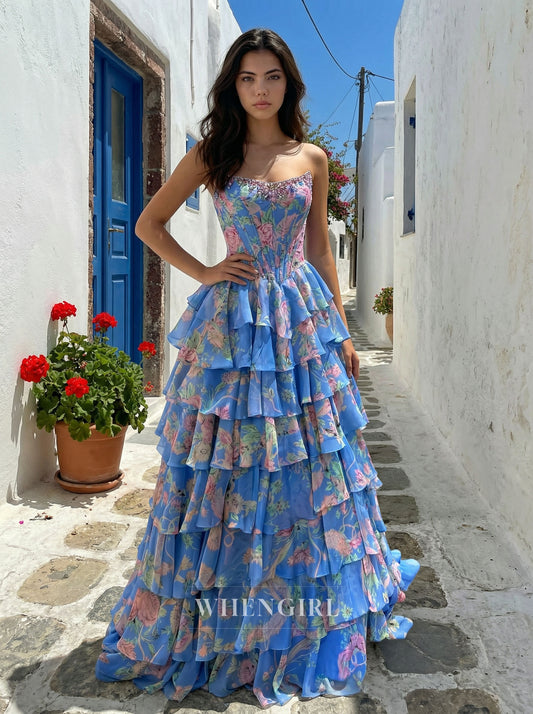 Blue A-Line Multie Tiered Ruffles Beaded Prom Dress