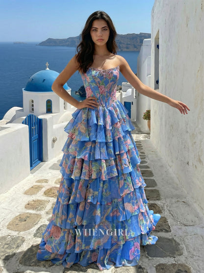 Blue A-Line Multie Tiered Ruffles Beaded Prom Dress