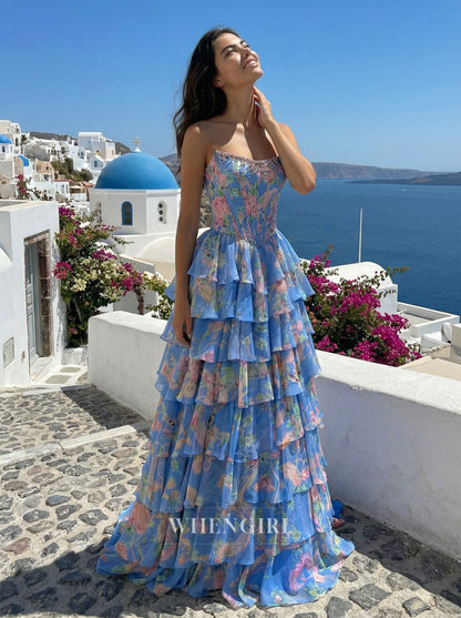 Blue A-Line Multie Tiered Ruffles Beaded Prom Dress