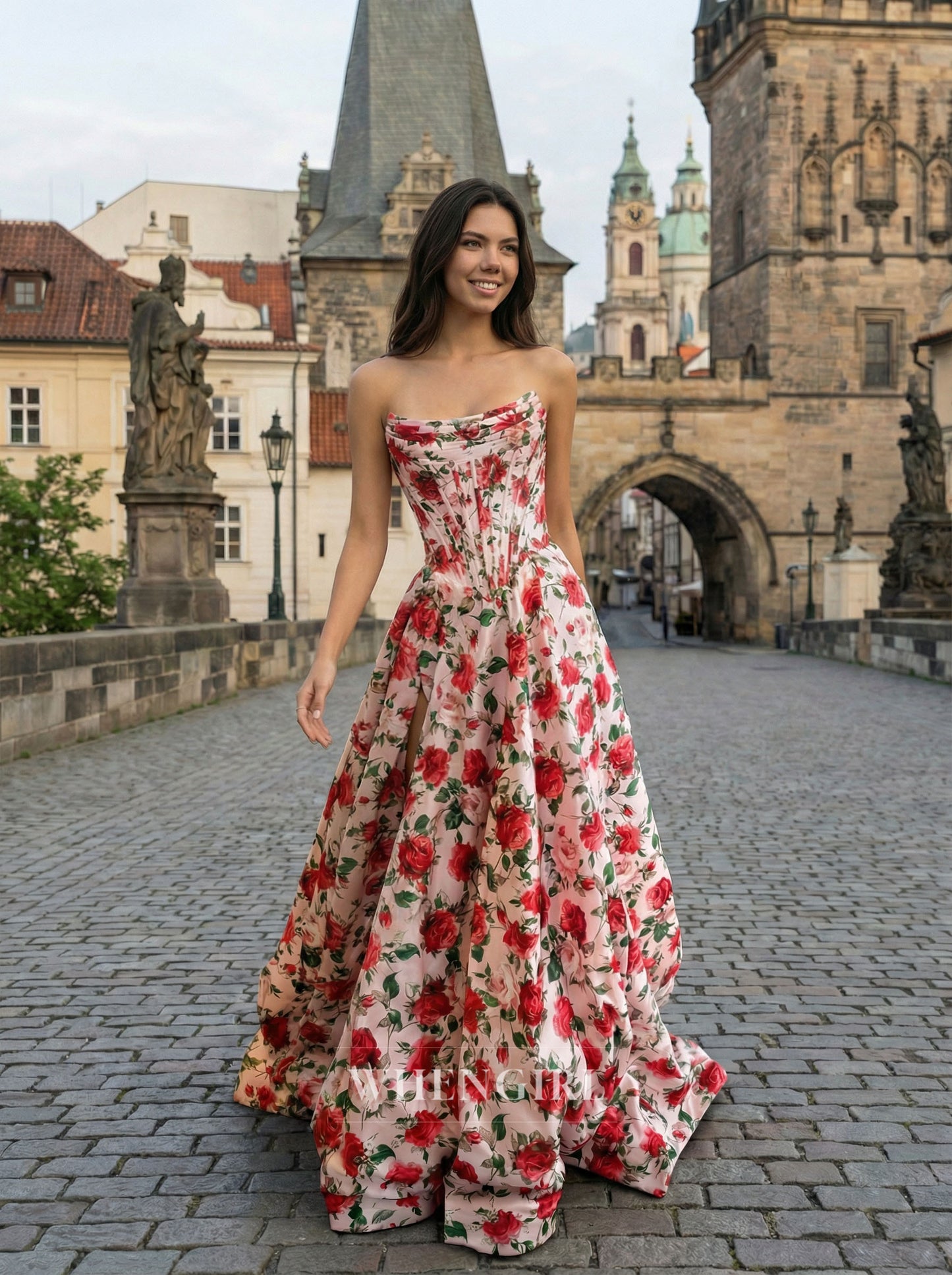 A-Line Printed Floral Side Slit Strapless Prom Dress