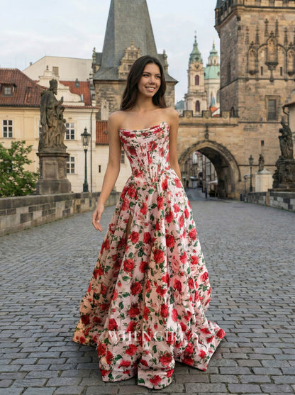 A-Line Printed Floral Side Slit Strapless Prom Dress