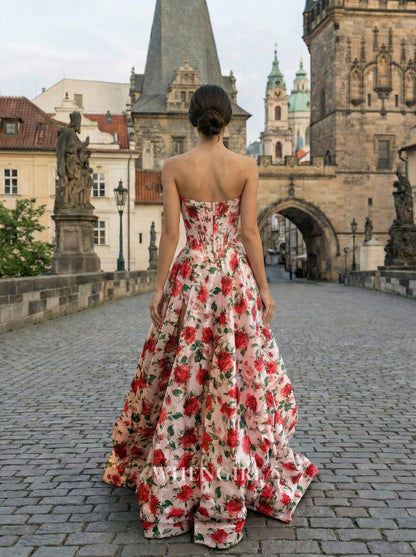 A-Line Printed Floral Side Slit Strapless Prom Dress