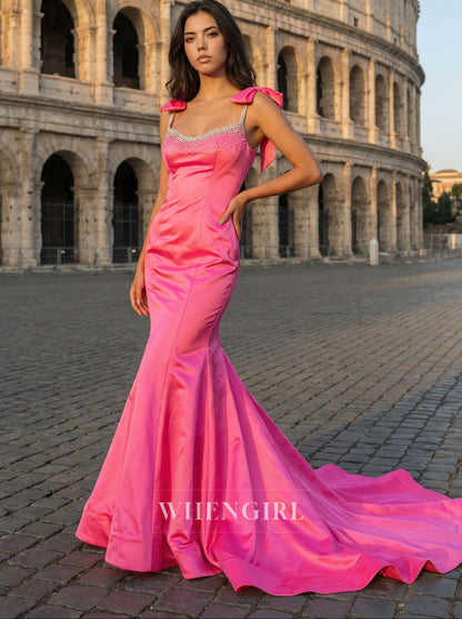 Hot Pink Mermaid Beaded Neck Bowknot Prom Dress with Train