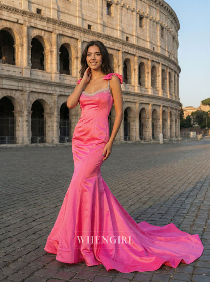 Hot Pink Mermaid Beaded Neck Bowknot Prom Dress with Train