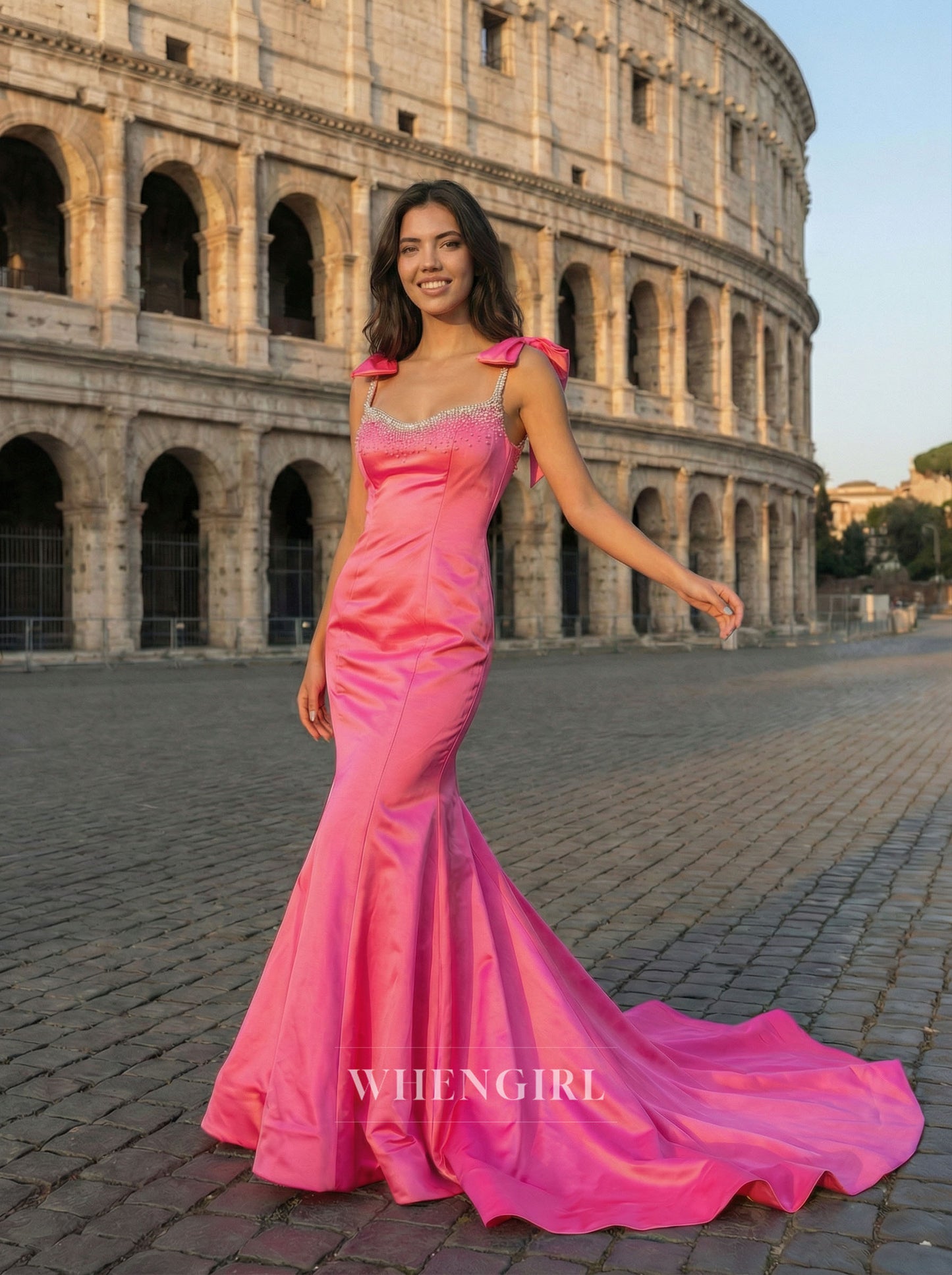 Hot Pink Mermaid Beaded Neck Bowknot Prom Dress with Train