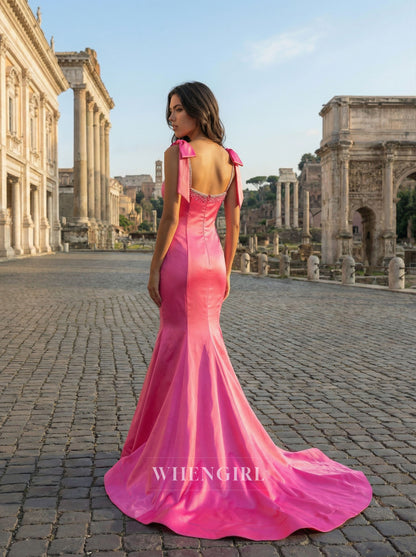 Hot Pink Mermaid Beaded Neck Bowknot Prom Dress with Train