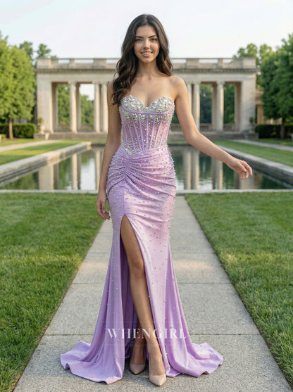 Mermaid Sweetheart Beaded Ruched Side Slit Sweep Train Prom Dress