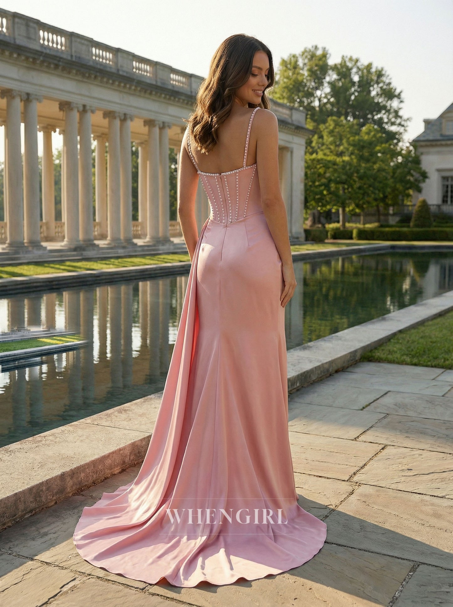 Pink Square Neck Beaded Ruched Side Slit Sheath Prom Dress