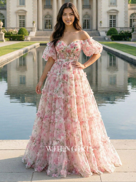 Pink Printes Floral Sweetheart Puff Sleeves A-Line Prom Dress