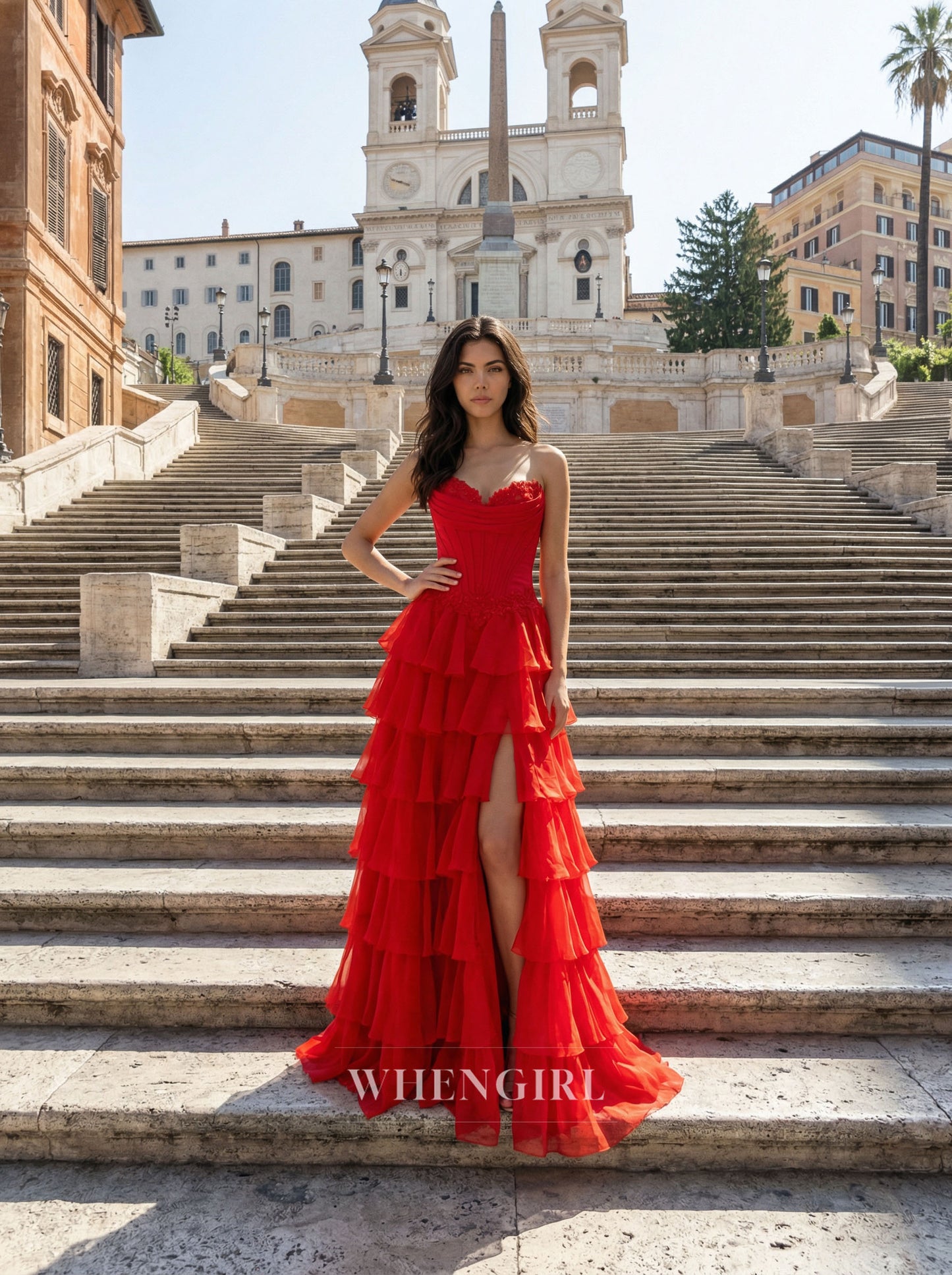 Red A-Line Sweetheart Ruffles Side Slit Prom Dress