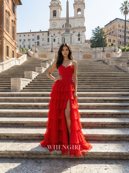 Red A-Line Sweetheart Ruffles Side Slit Prom Dress