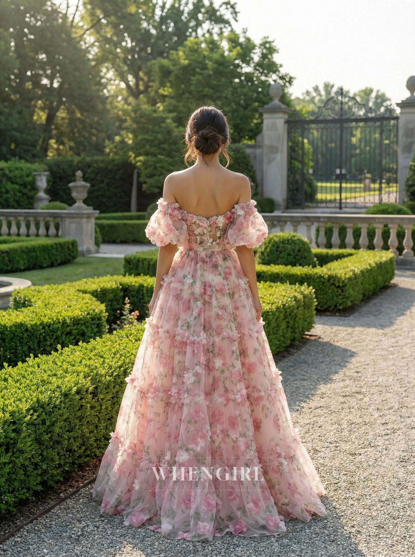 Pink Printes Floral Sweetheart Puff Sleeves A-Line Prom Dress