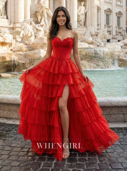 Red A-Line Sweetheart Ruffles Side Slit Prom Dress