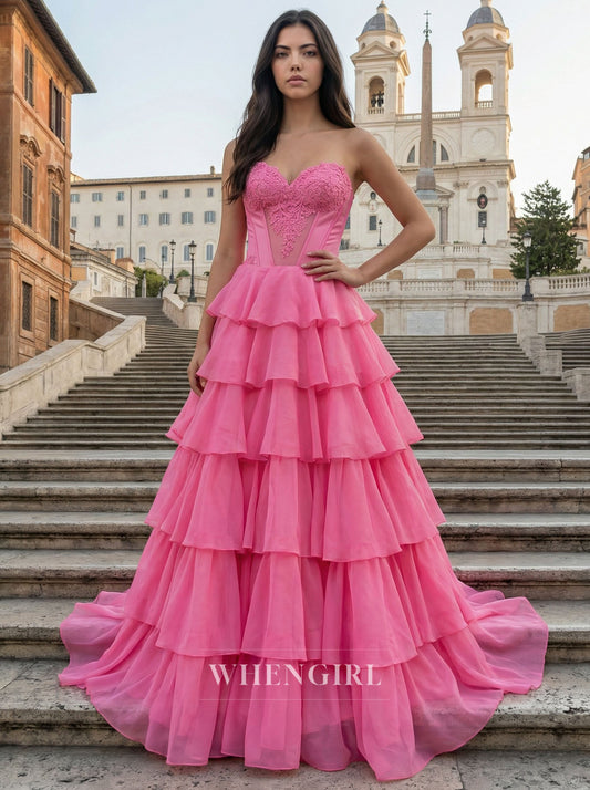 Pink Sweetheart Ruffles Sleeveless Prom Dress