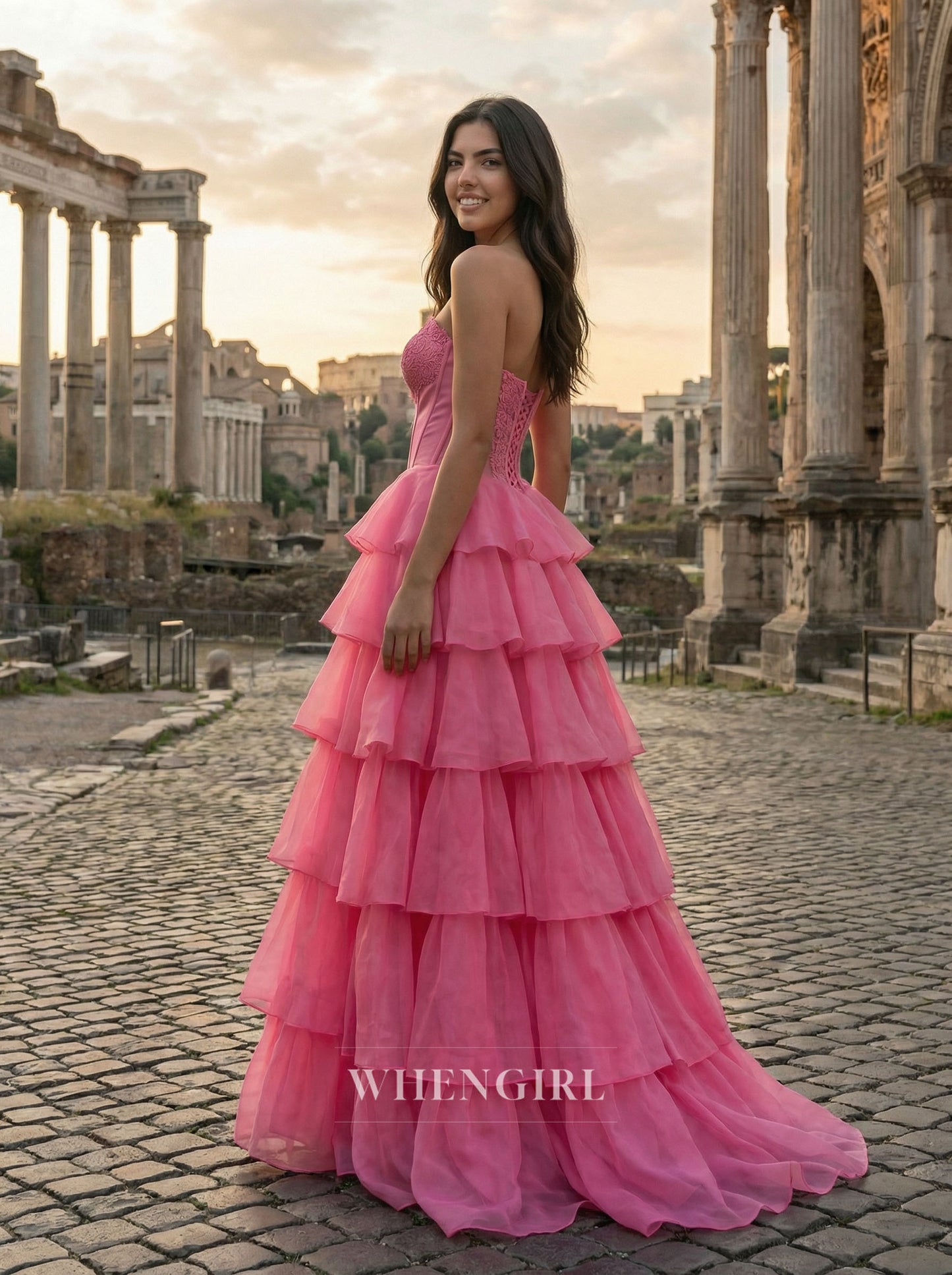 Pink Sweetheart Ruffles Sleeveless Prom Dress