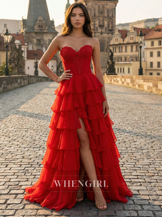 Red Sweetheart Strapless Ruffles Side Slit A-Line Prom Dress