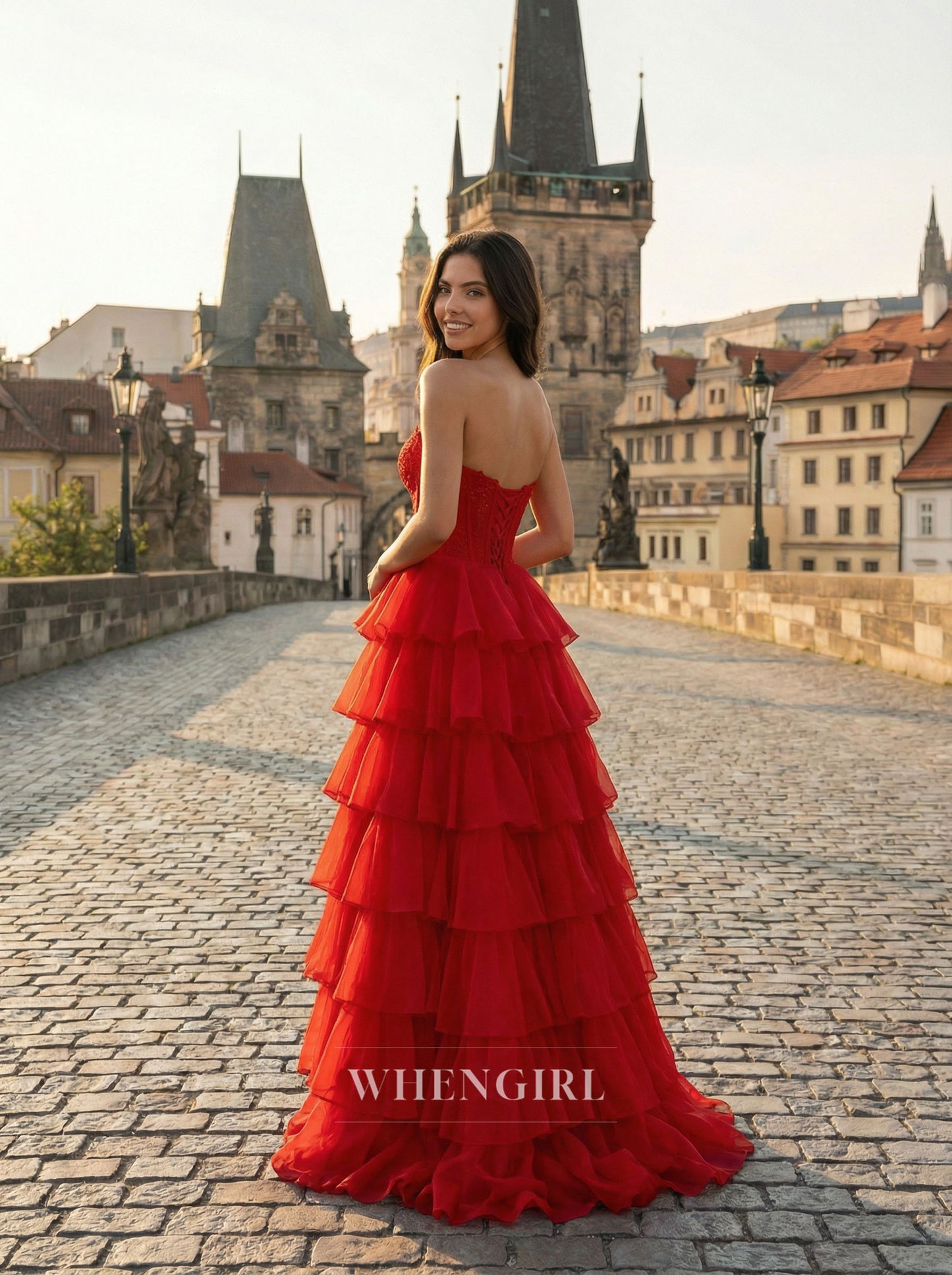 Red Sweetheart Strapless Ruffles Side Slit A-Line Prom Dress